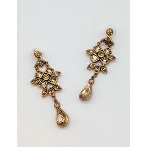 Antique Style Gold Tone Dangle Stud Earrings with Crystal Accents